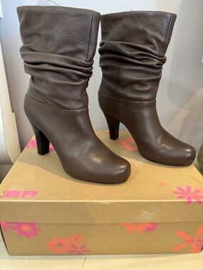 Birdies Dark Brown Slouch Leather Heeled Mid-Calf Boots